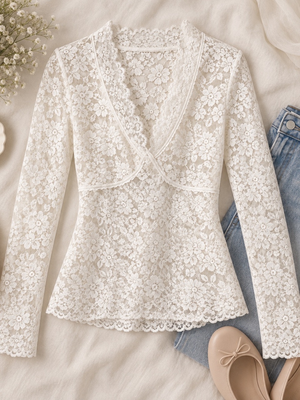 Free People Ivory Lace Wrap Blouse Size M